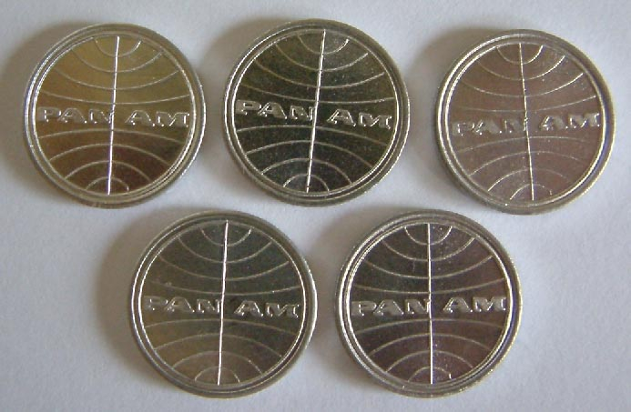 5 vintage Pan Am airline plane aluminium GOLF ROUND THE WORLD token coins